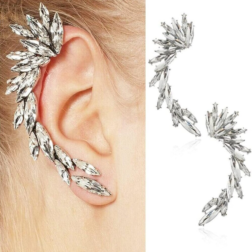 Crystal Leaf Climbers Crawler Jewelry Jacket Earrings Sparkly Zircon Pave Metal - Picture 2 of 7